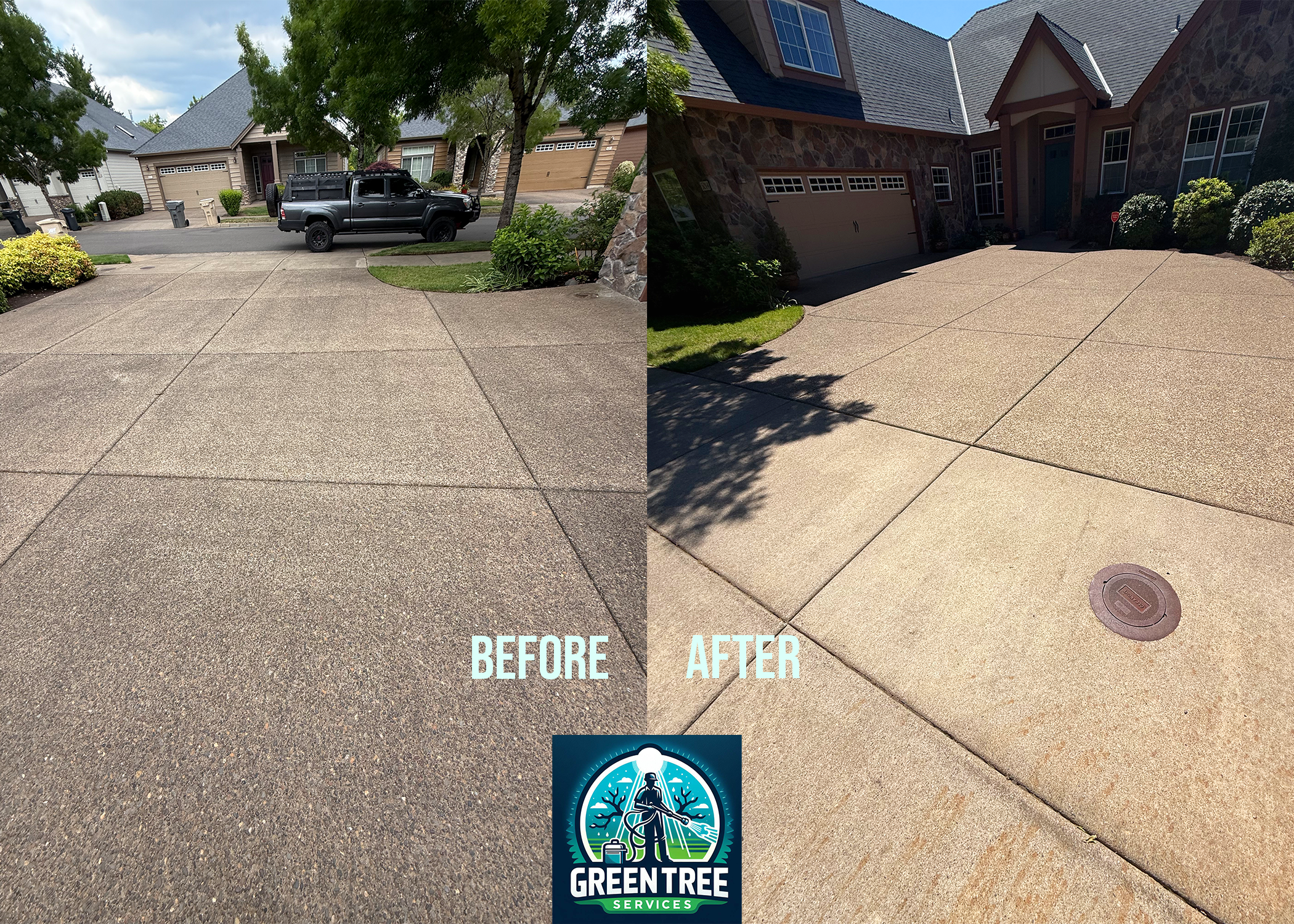 Driveway stripped of grime by power washing