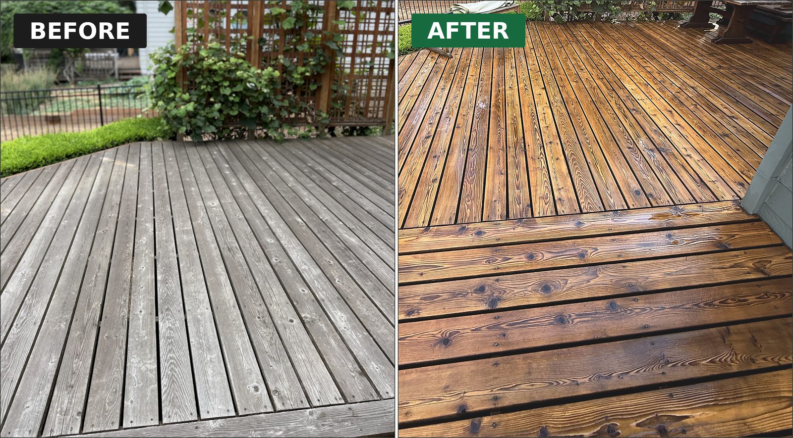 Two views of one wood deck beside a lattice screen and climbing plants, silver grey boards under Before and honey brown boards under After; GreenTree deck staining for Lake Oswego homes