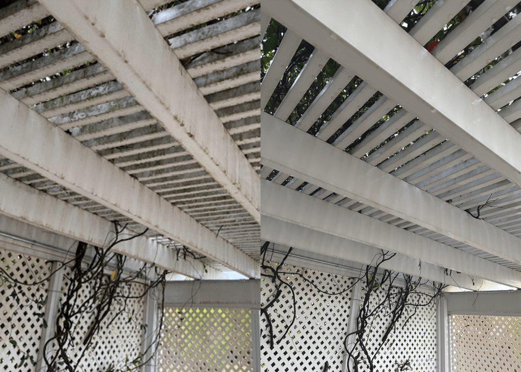White pergola slats before and after soft washing, lattice screen below