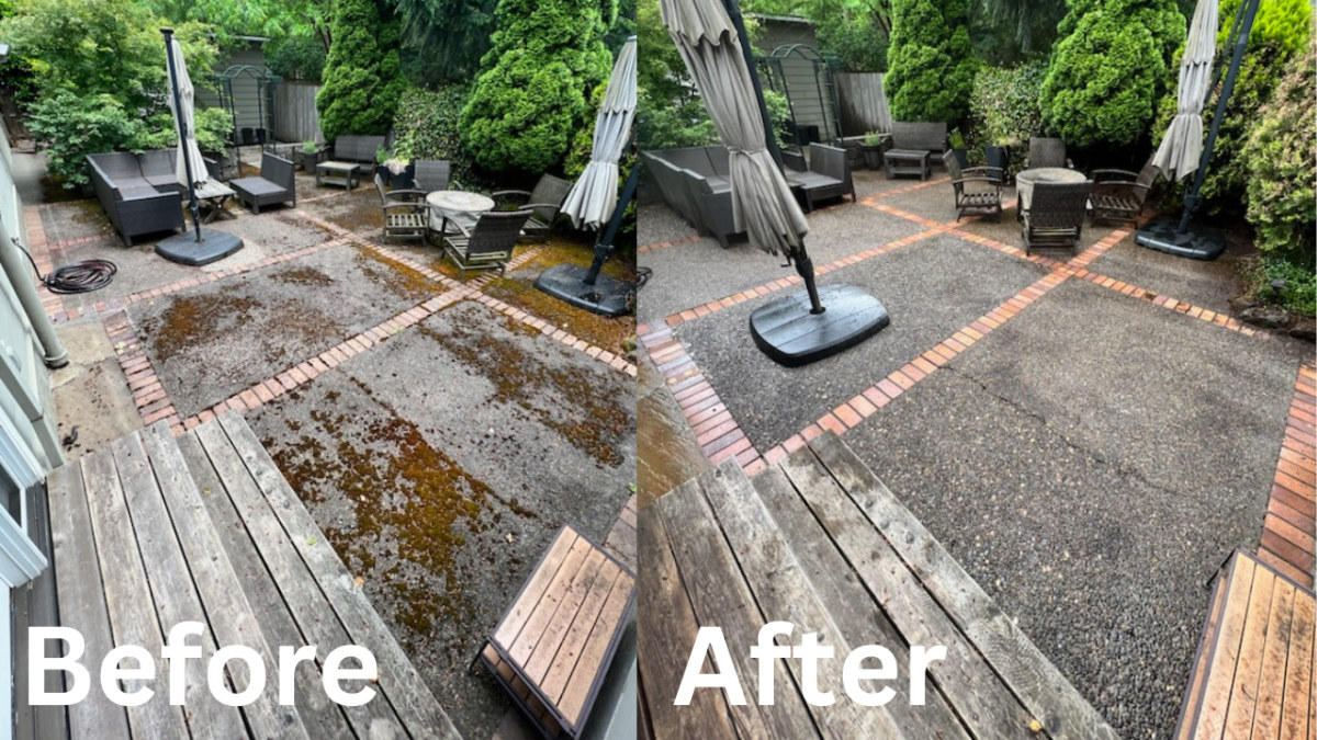 Aggregate patio moss and algae removal before and after in Oregon