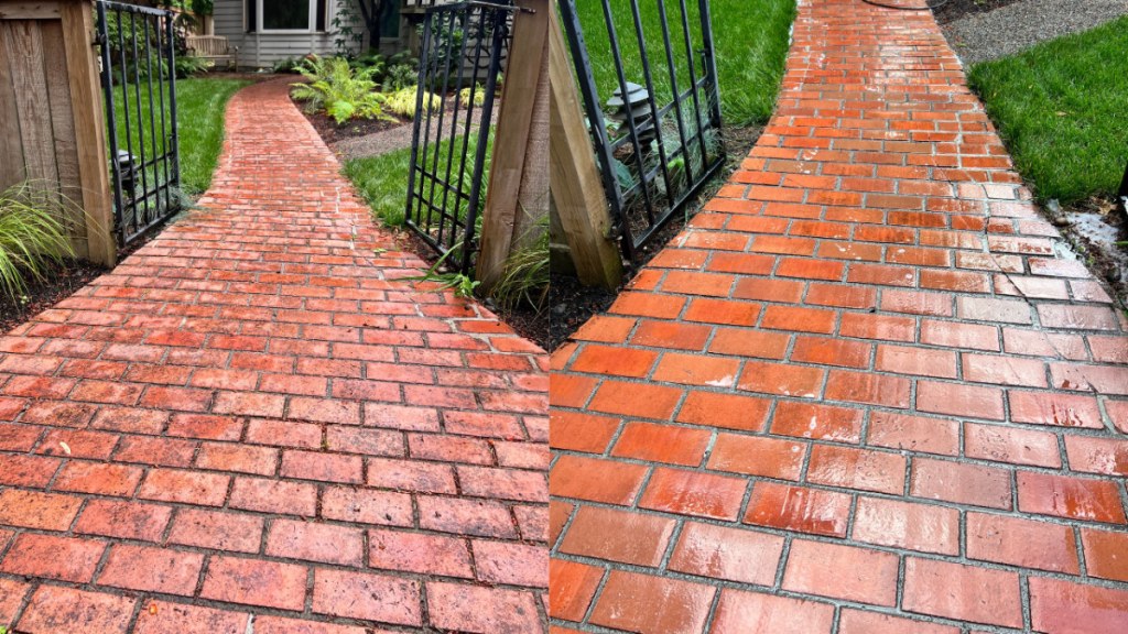 Before and after pressure washing a red brick paver walkway in Oregon