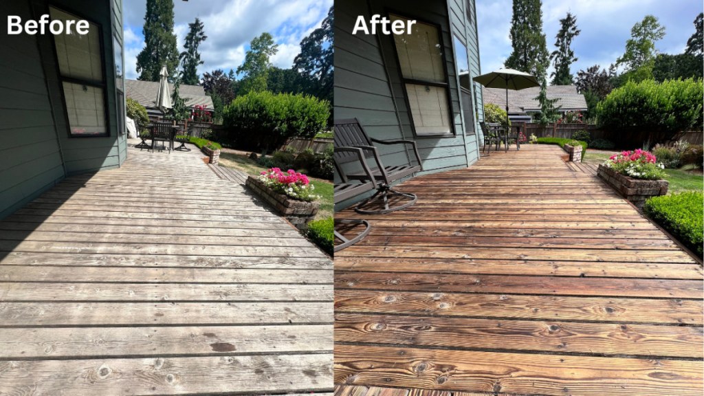 Before and after deck restoration in Albany, Oregon: gray weathered boards returned to warm natural wood