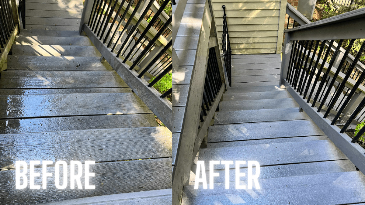 Cedar deck stairs and railings cleaned in Oregon